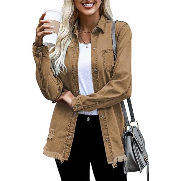 WOMEN'S Oversized Denim Jacket Casual Long A1 Brown